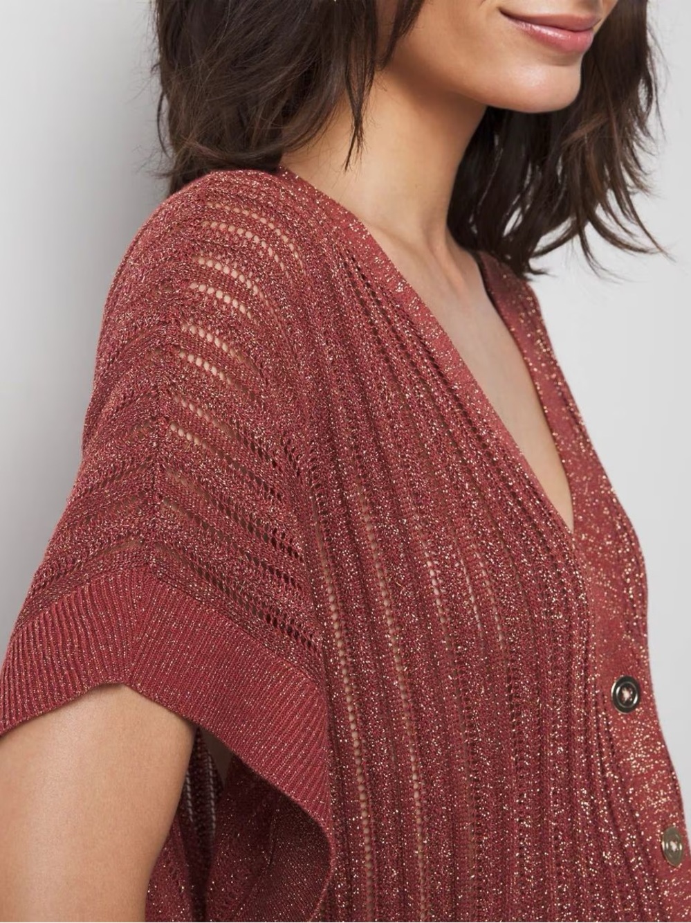WHBM Kimono Sleeve Metallic Cardigan Sweater Shimmer Button Size M Office Work - Picture 2 of 13